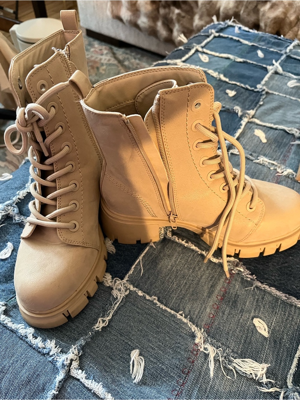 MIA Tan Lace-Up Combat Boots with Side Zipper
